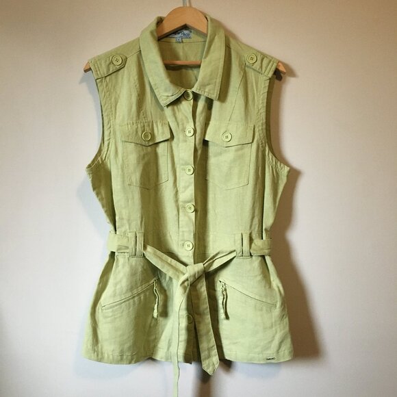 Paco Lime Green Linen Blend Sleeveless Button Up Utility Vest - Picture 1 of 14